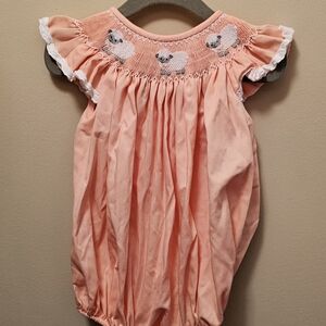 Adorable Peach Baby Smocked Bubble with Sheep Embroidery